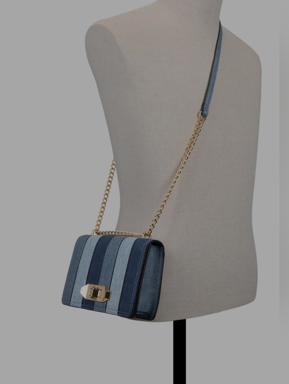 Aldo Striped Denim Panel Crossbody in Mixed Blues with Gold Hardware - Picture 5 of 7